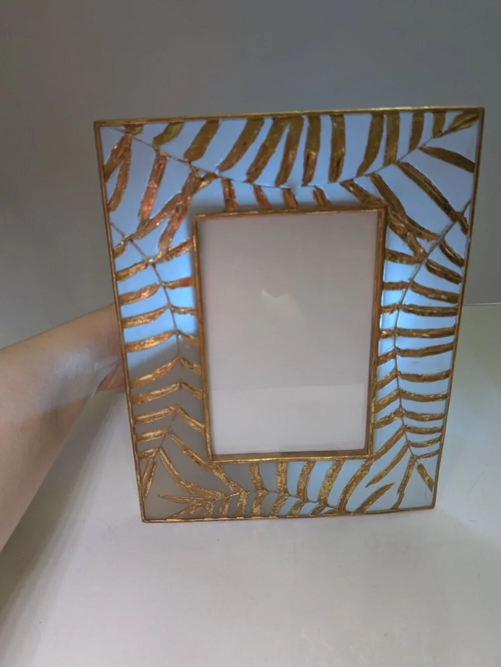 Vintage Textured Gold Palm Leaf Frosted Glass Photo Frame 5x7 Heavy Tabletop